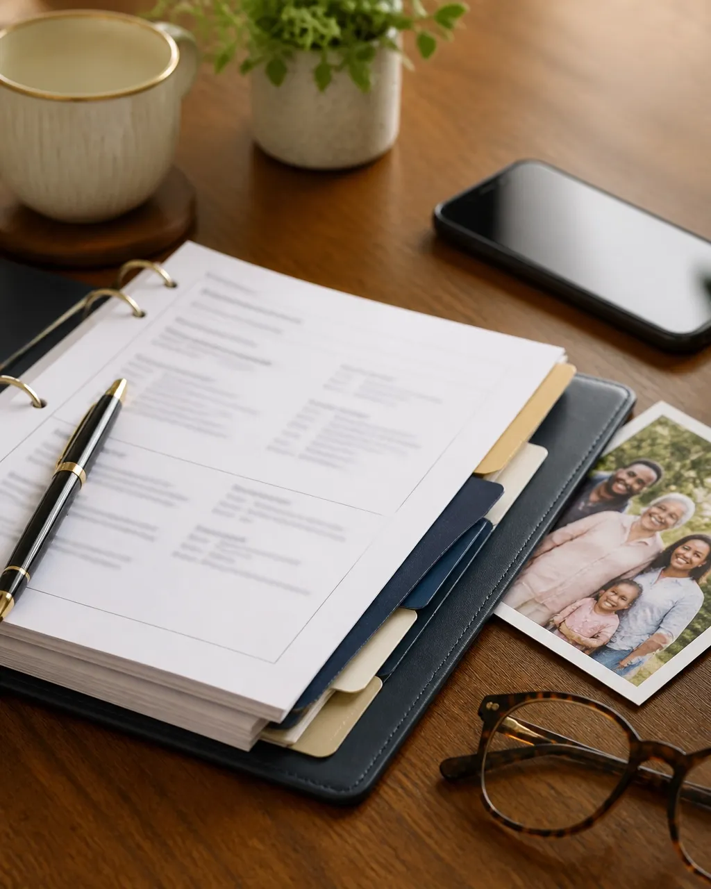 An organized family planning binder beside a family photograph